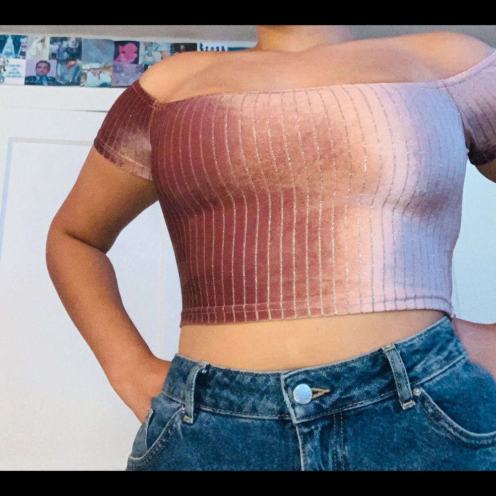 Pink and silver off the shoulder crop top
